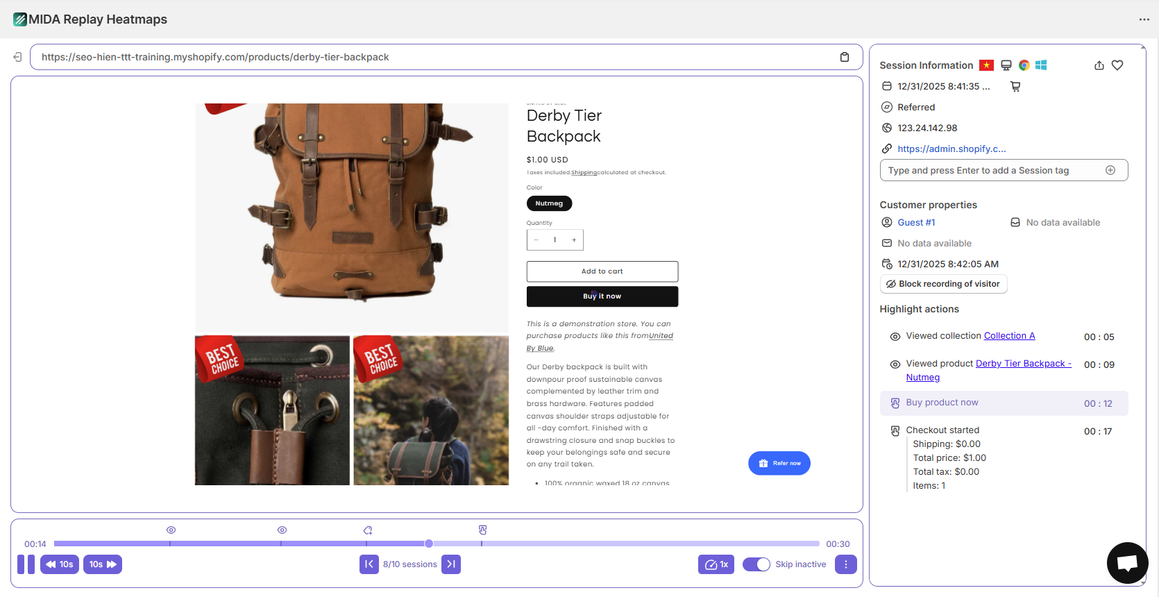 MIDA session replays Interface