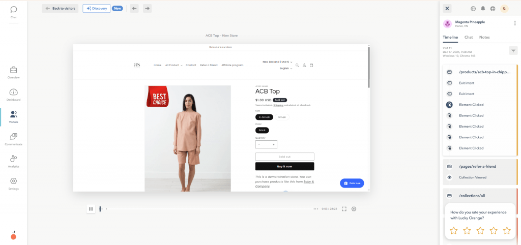 Lucky Orange session replays Interface