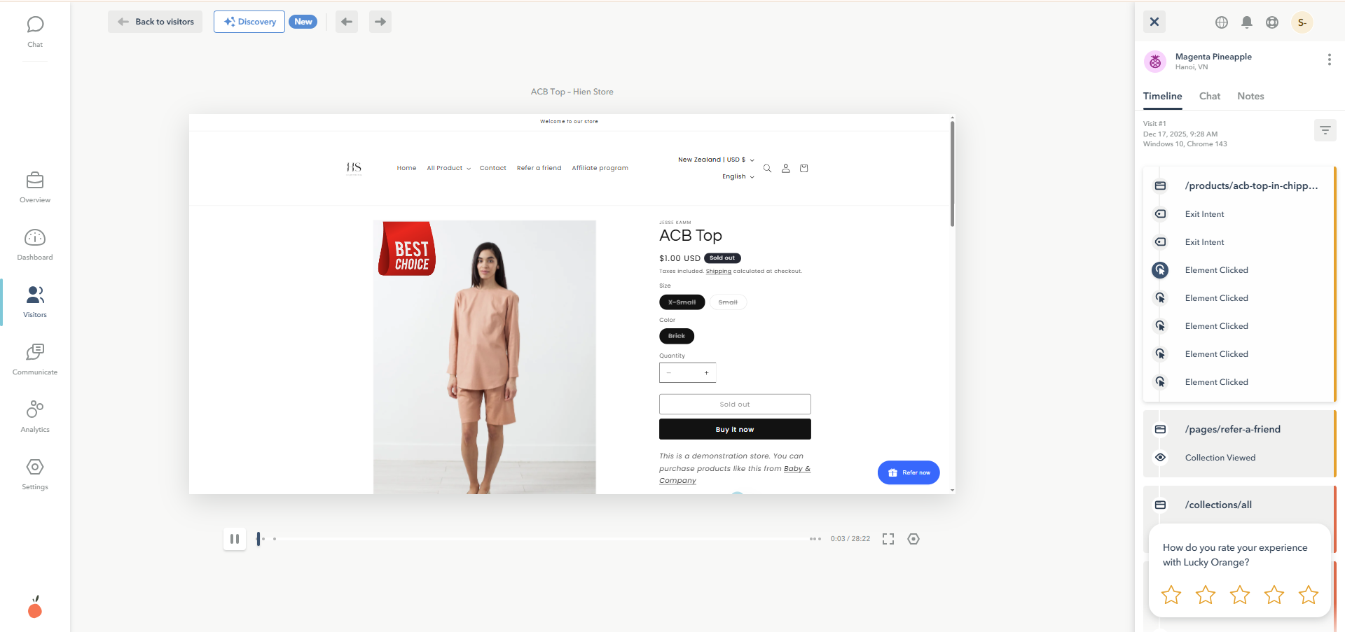 Lucky Orange session replays Interface