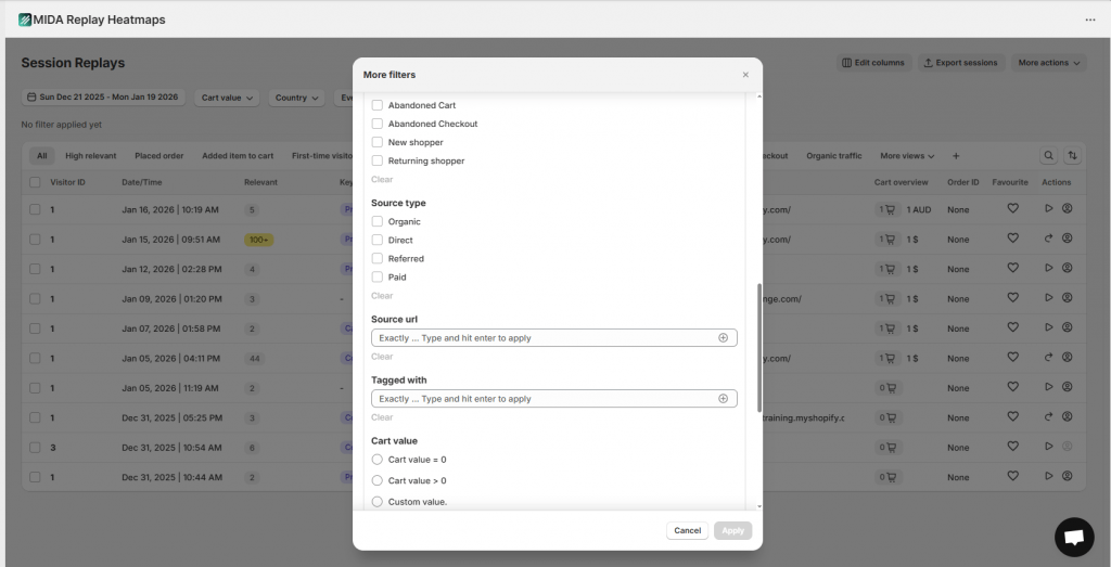 MIDA session replay with advanced filter