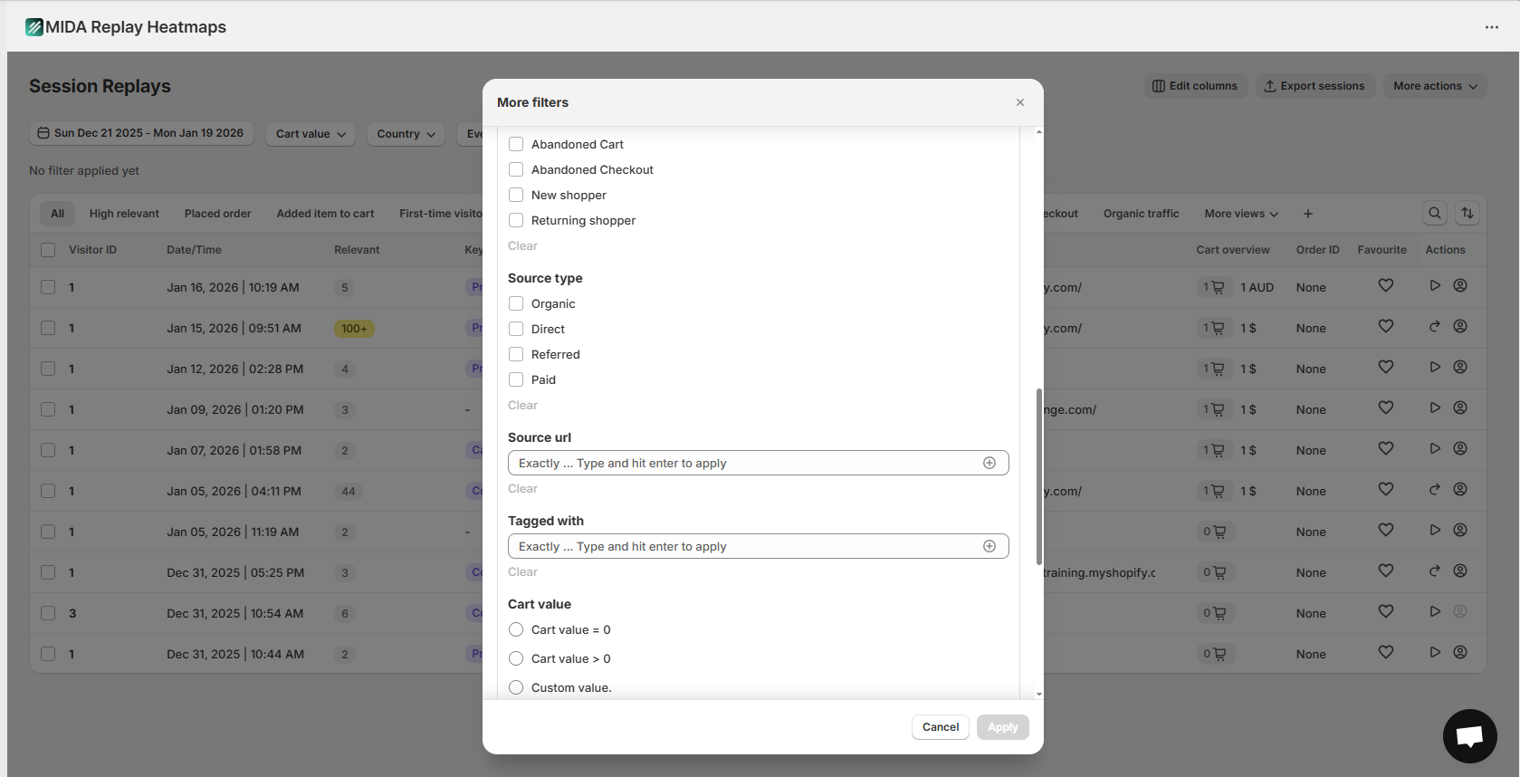 MIDA session replay with advanced filter