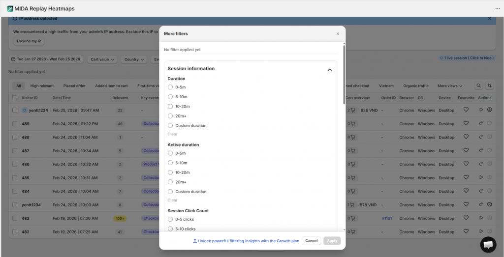 MIDA session filtering