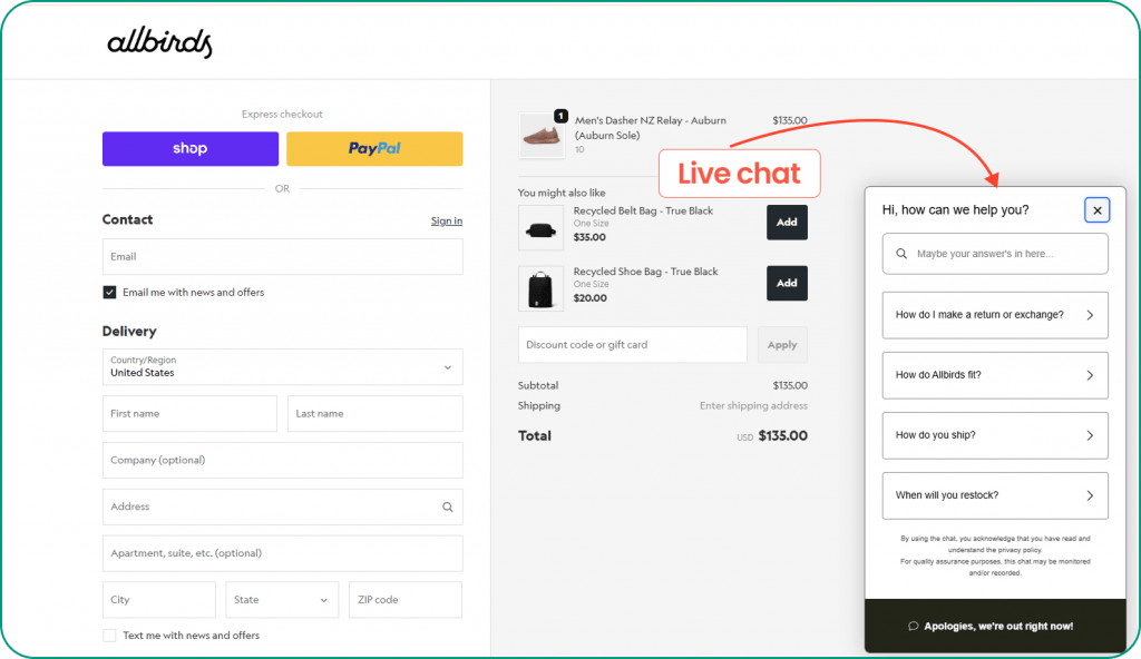 Live chat at checkout